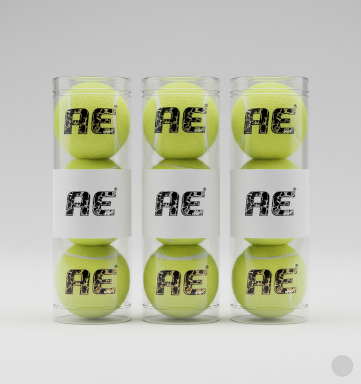 Six green tennis balls in clear cylindrical containers with 'AE' branding on a white background
