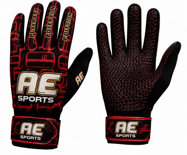 AE Sports Player Edition batting gloves in black and red, front and palm view
