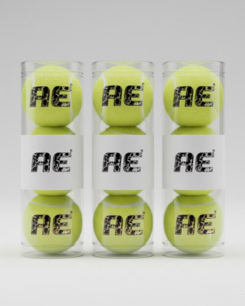 Three clear cans of AE Sports tape balls, three balls per can