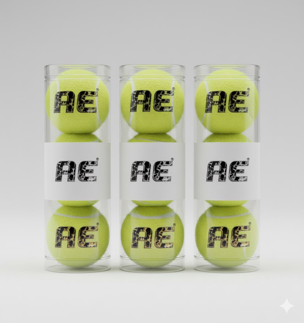 Three clear cans of AE Sports tape balls, three balls per can
