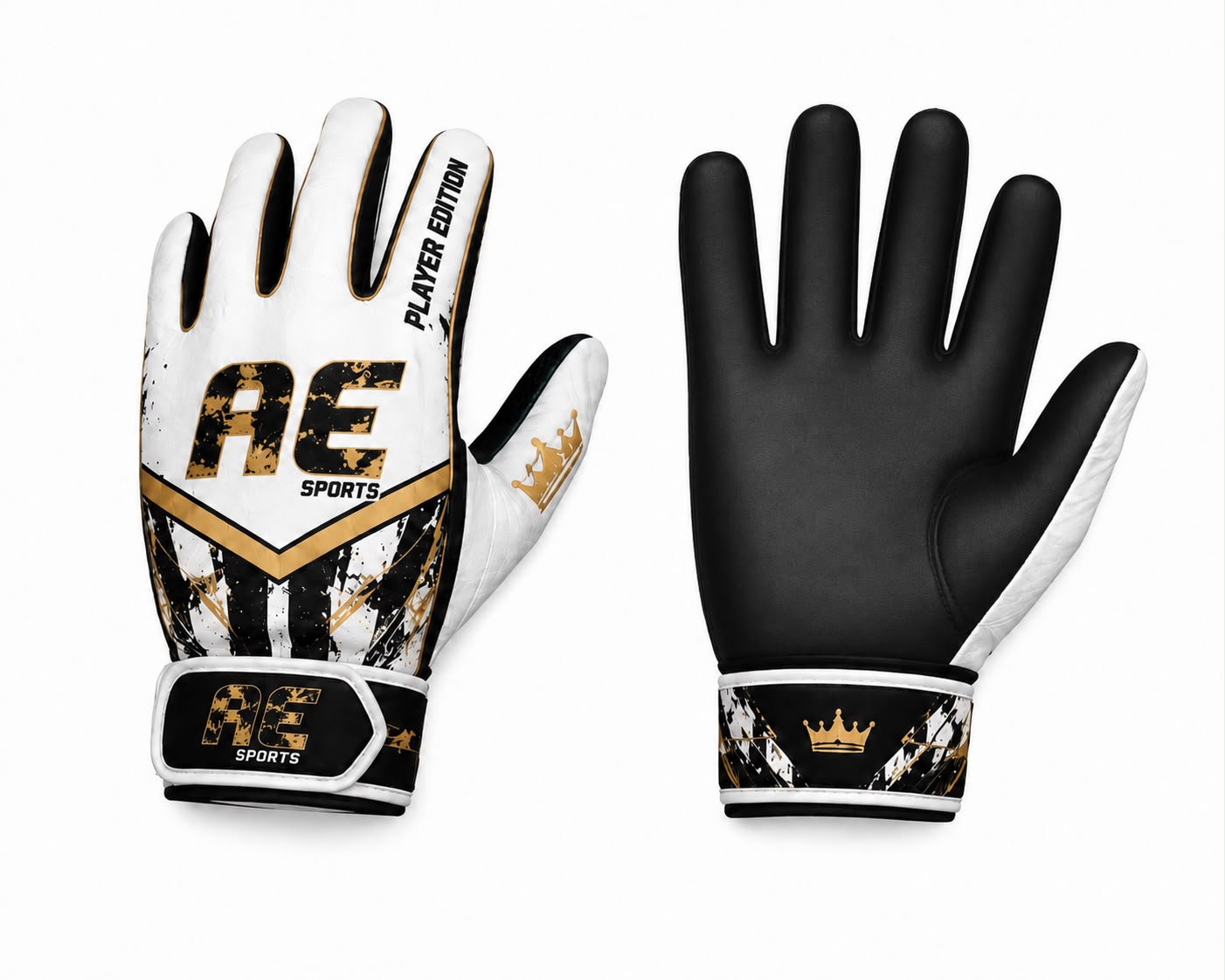 AE Sports Cricketer Gloves in white and gold, front and palm view
